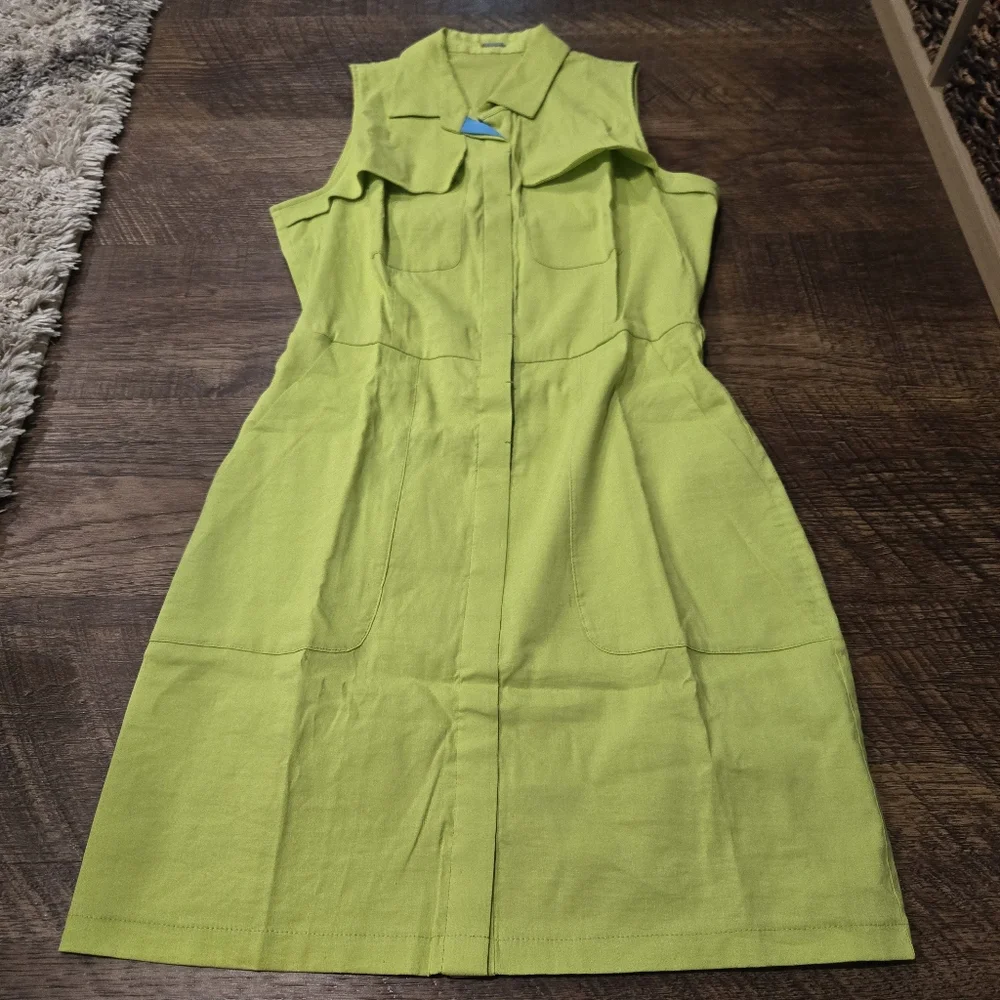 Elie Tahari Gianna Shirt Dress Chartreuse Neon Green Linen Preppy Pockets Casual - Picture 2 of 13